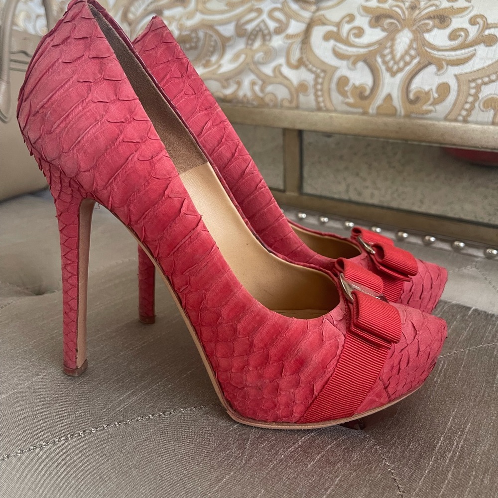 Salvatore Ferragamo Red Suede Snake Pattern Pumps